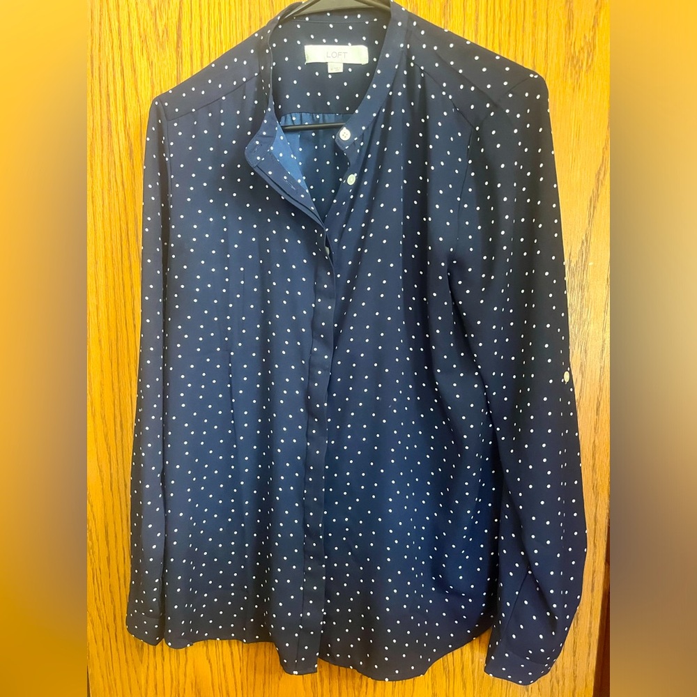 Loft size medium blue with white polka dot blouse